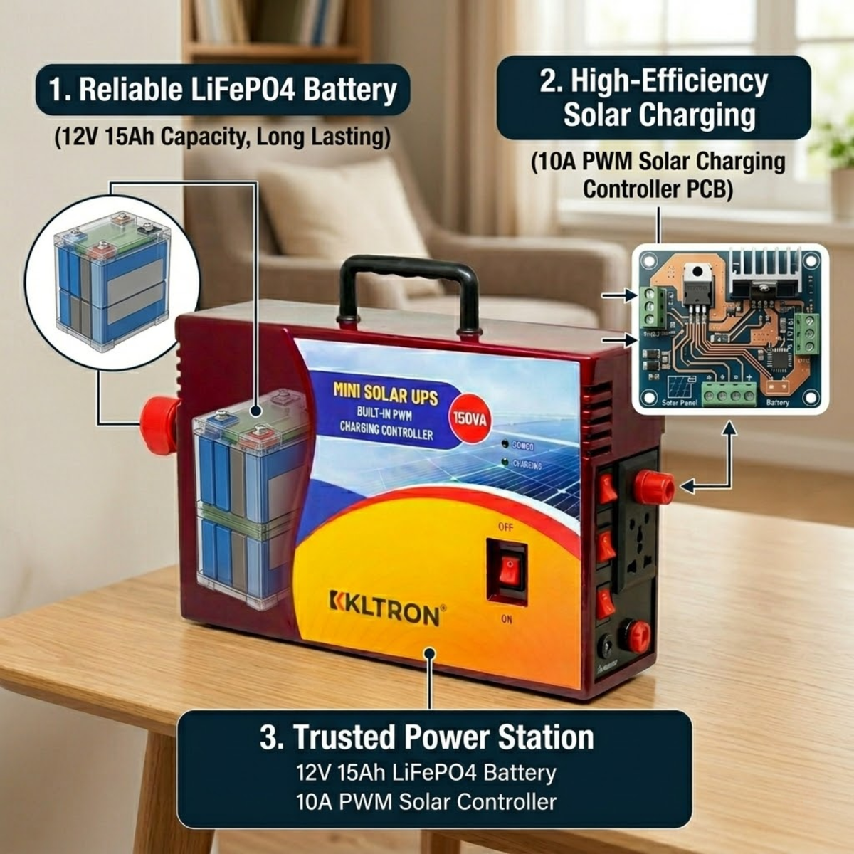 KLTRON™ 150VA Portable Mini Solar HF Inverter with 15AH Battery ...