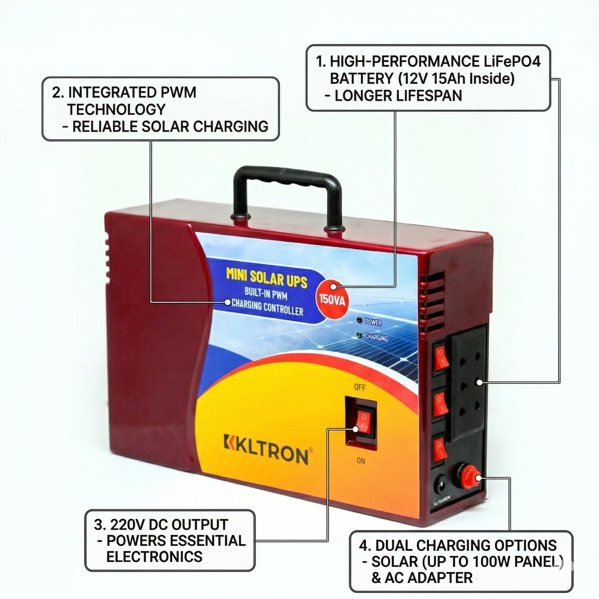 KLTRON™ 150VA Portable Mini Solar HF Inverter with 15AH Battery ...